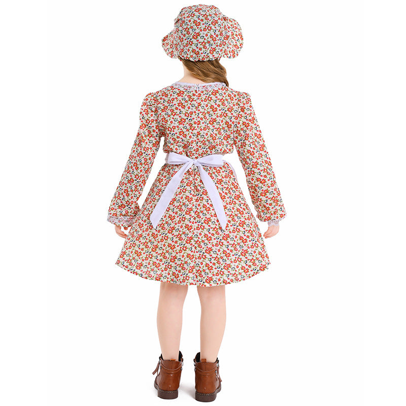 Children's Floral Maid Dress Vintage Farm Girl Stage Performance Costume Halloween Cosplay Outfit