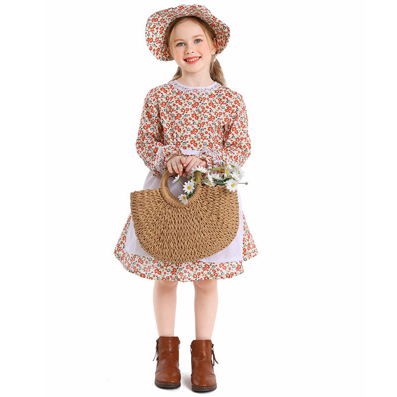 Children's Floral Maid Dress Vintage Farm Girl Stage Performance Costume Halloween Cosplay Outfit