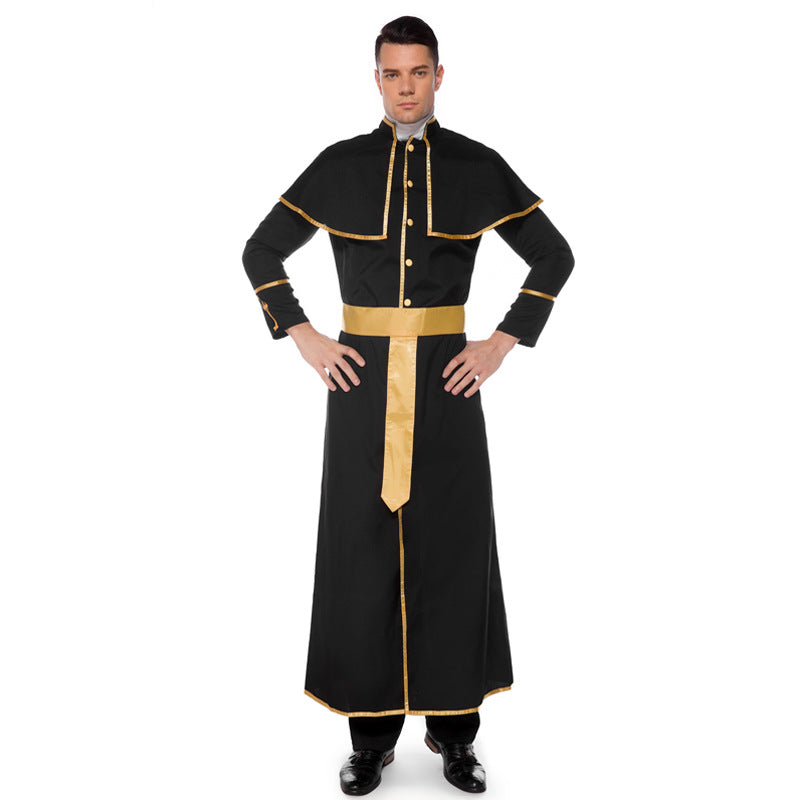 Men's Vintage Black Robe Performance Costume Stage Drama Outfit, Halloween Party Costume, Masquerade Ball Cosplay Clothing