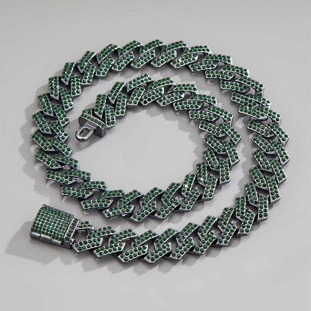 New Trend Hip Hop Hiphop Cuban Chain Emerald Alloy Diamond Full Diamond Couple Necklace