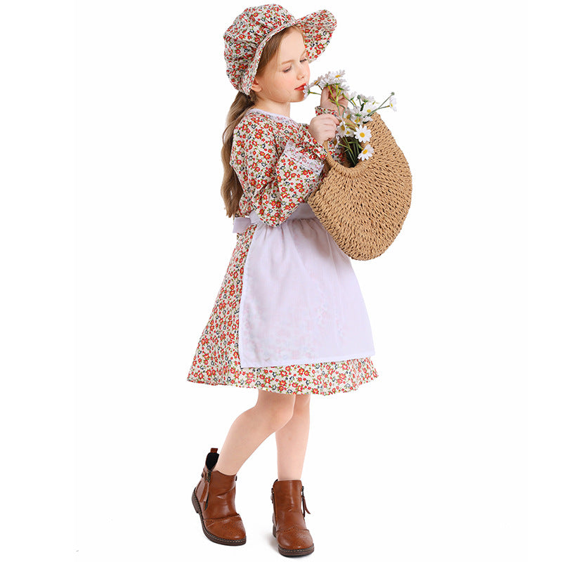 Children's Floral Maid Dress Vintage Farm Girl Stage Performance Costume Halloween Cosplay Outfit