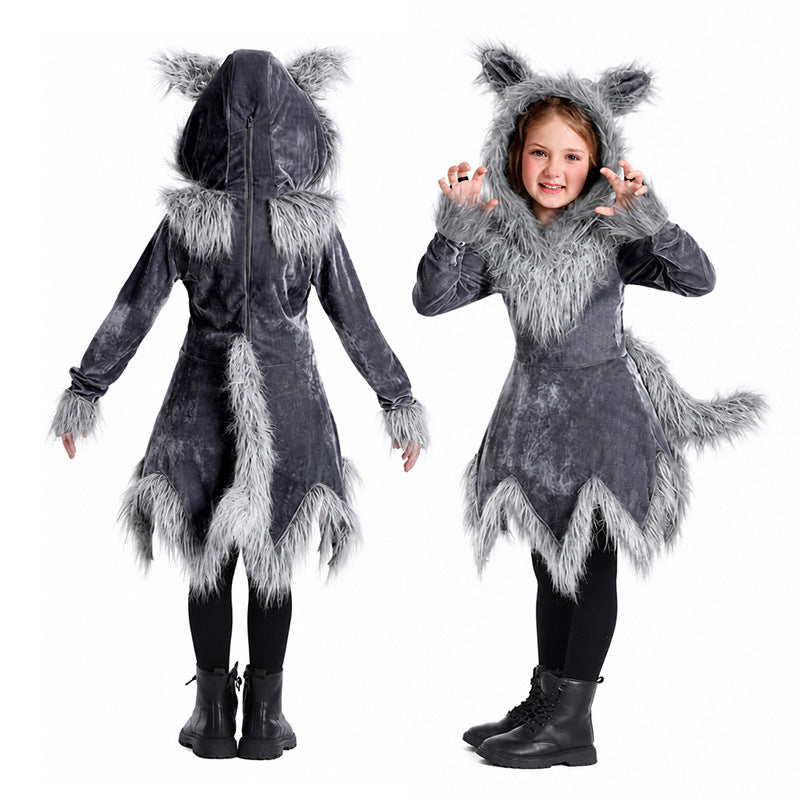 Family Wolf Costume Dress for Adults and Kids, Gray Werewolf Cosplay Outfit for Halloween Stage Animal Performance