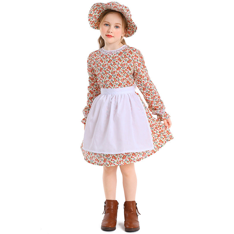 Children's Floral Maid Dress Vintage Farm Girl Stage Performance Costume Halloween Cosplay Outfit
