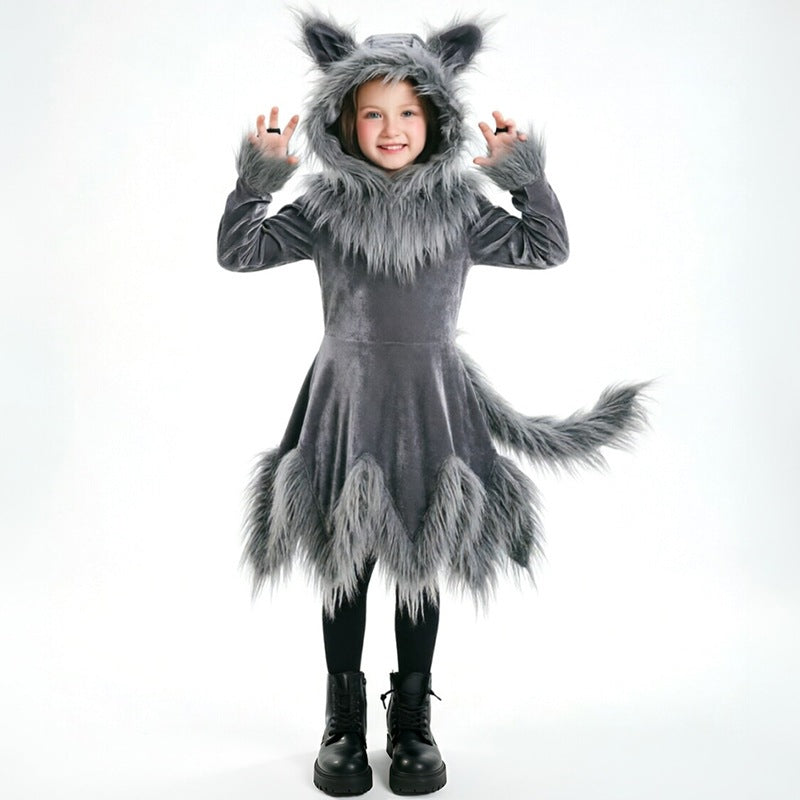 Family Wolf Costume Dress for Adults and Kids, Gray Werewolf Cosplay Outfit for Halloween Stage Animal Performance
