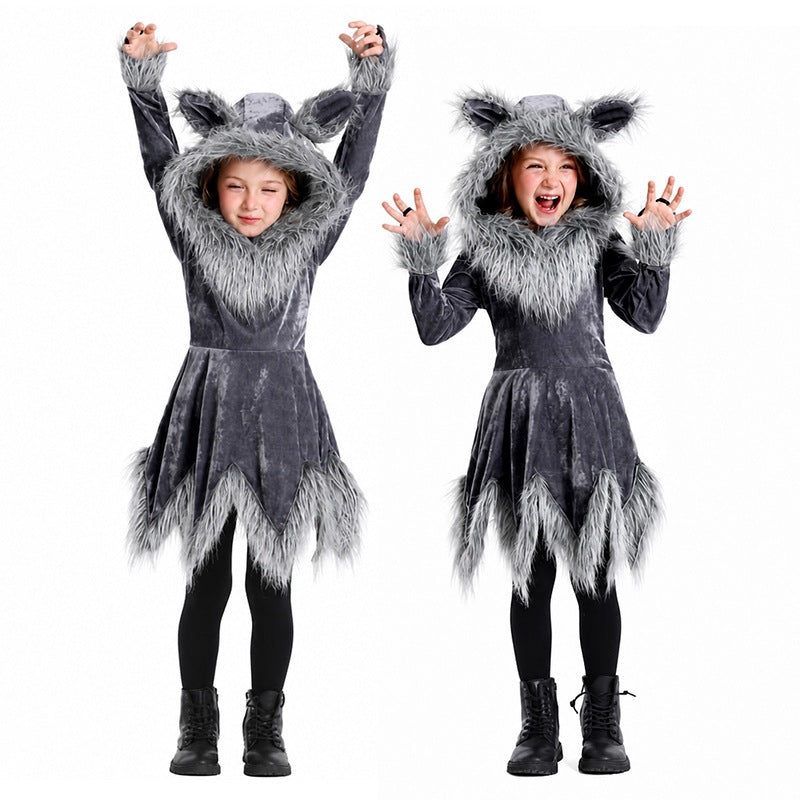 Family Wolf Costume Dress for Adults and Kids, Gray Werewolf Cosplay Outfit for Halloween Stage Animal Performance