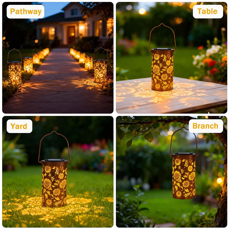 Solar Garden Lights with Colorful Sunflower Pattern, Waterproof Hollow Iron Design for Outdoor Patio Landscape Decoration