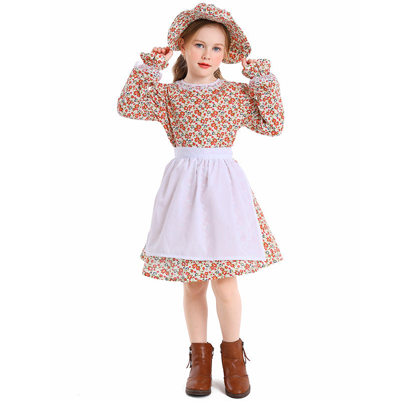 Children's Floral Maid Dress Vintage Farm Girl Stage Performance Costume Halloween Cosplay Outfit