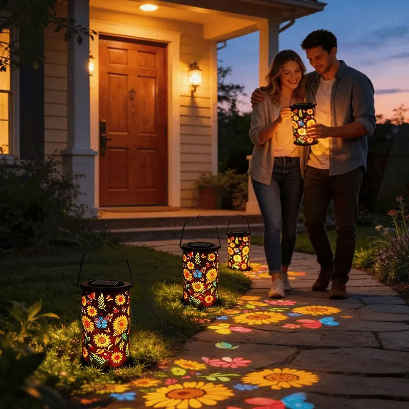 Solar Garden Lights with Colorful Sunflower Pattern, Waterproof Hollow Iron Design for Outdoor Patio Landscape Decoration